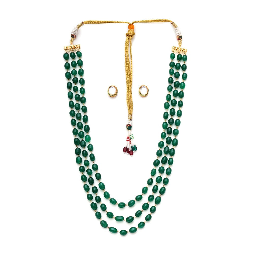 Ruby Raang Studio Long Layered Green Neckpiece with Kundan Studs