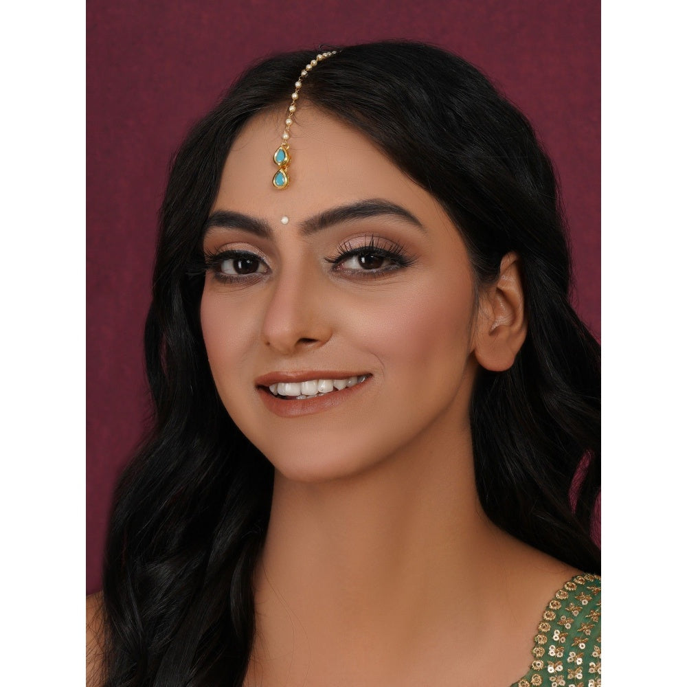 Ruby Raang Studio Kundan Turquoise Maang Tikka
