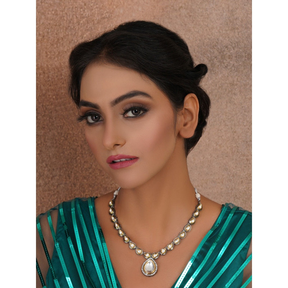 Ruby Raang Studio Long Tear Drop Dual Tone Kundan Neckpiece