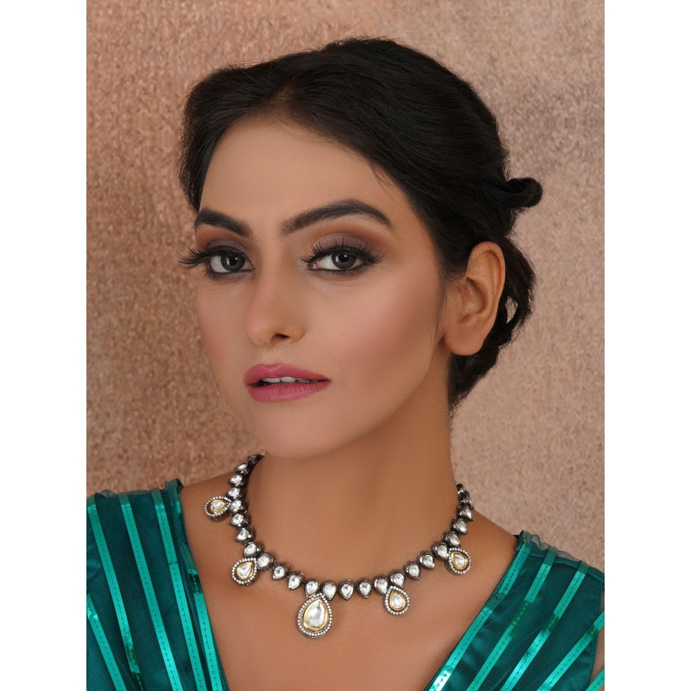 Ruby Raang Studio Tear Drop Dual Tone Kundan Neckpiece with Diamond Detailing