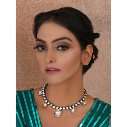 Ruby Raang Studio Tear Drop Dual Tone Kundan Neckpiece with Diamond Detailing