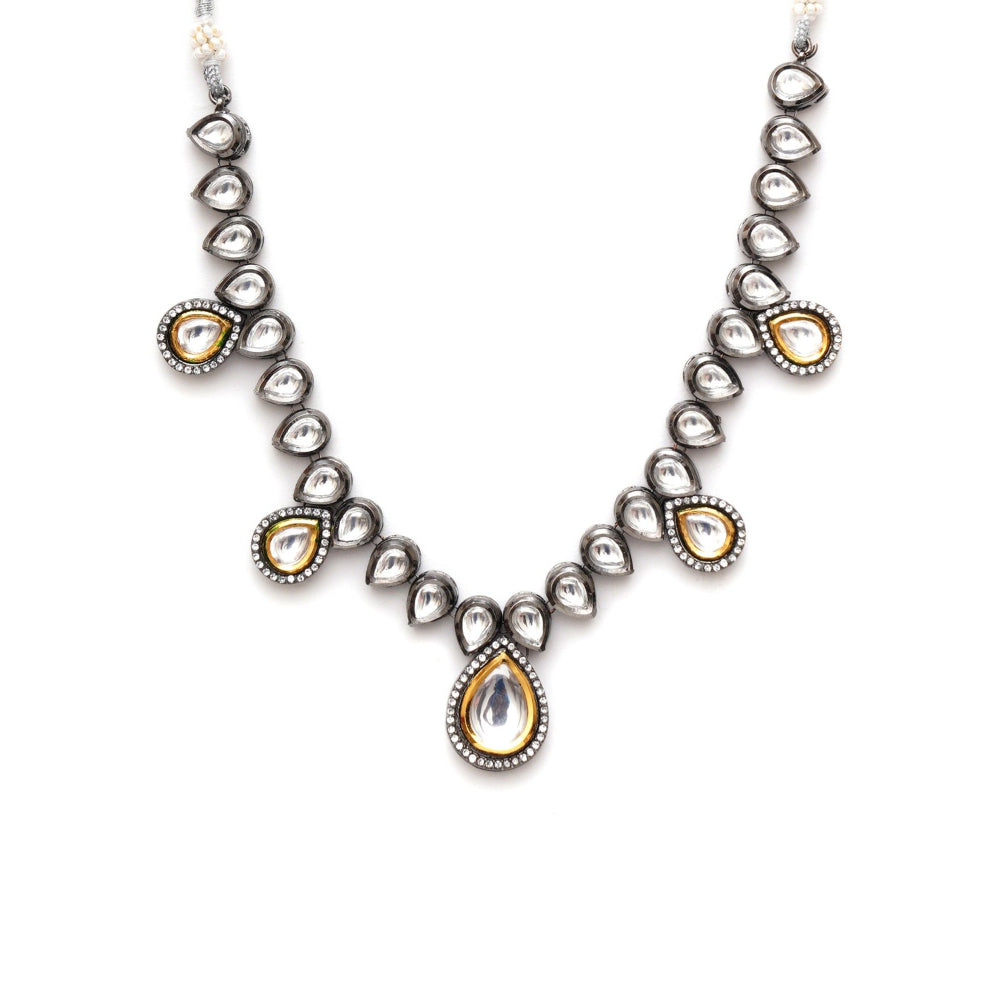 Ruby Raang Studio Tear Drop Dual Tone Kundan Neckpiece with Diamond Detailing