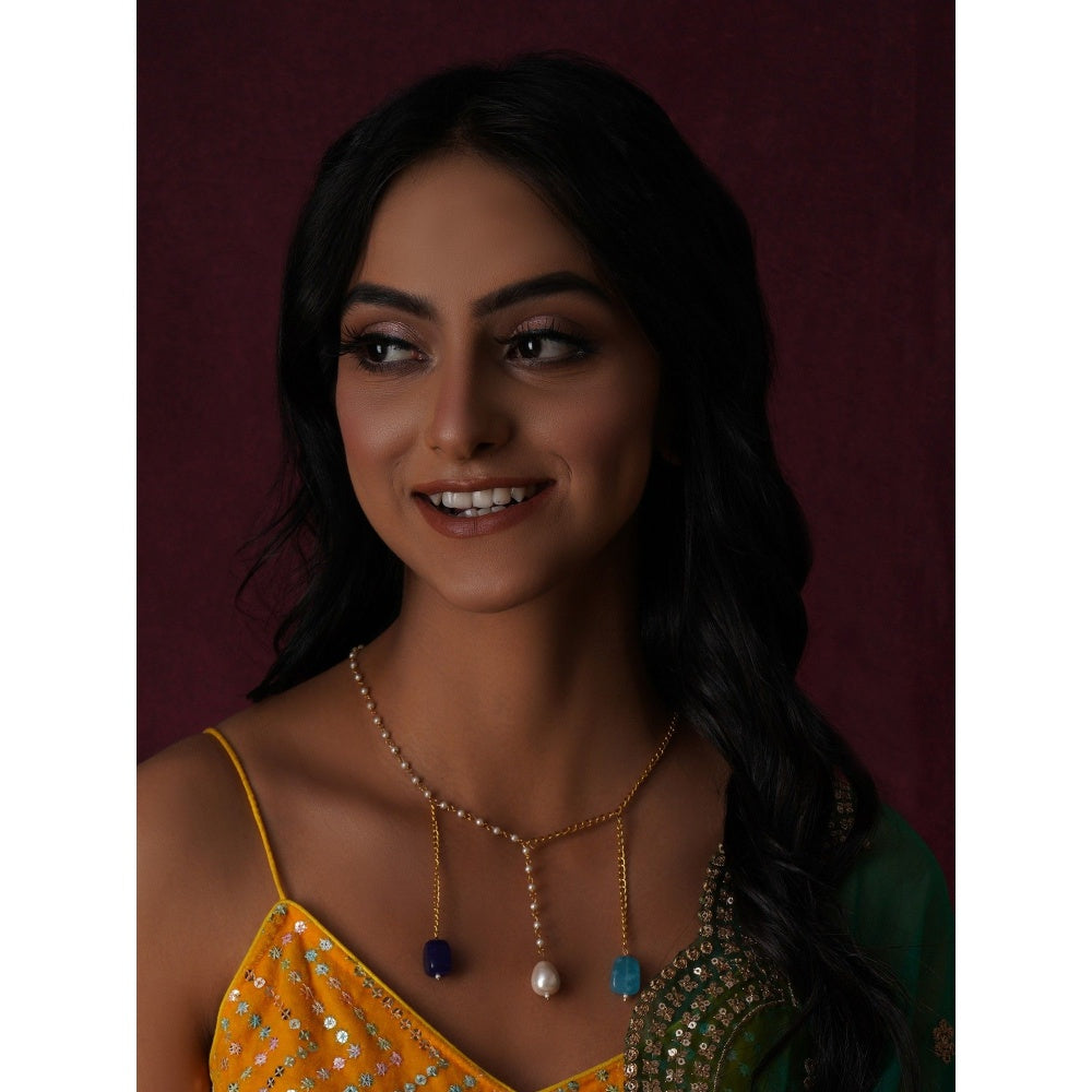 Ruby Raang Studio Long Multi Stone and Gold Chain Neckpiece