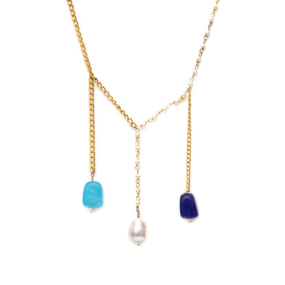 Ruby Raang Studio Long Multi Stone and Gold Chain Neckpiece