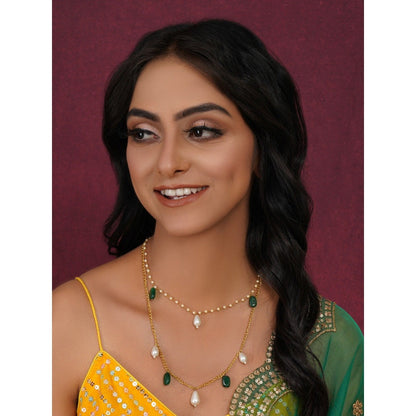 Ruby Raang Studio Layered Pearl and Gold Neckpiece with Emeralds