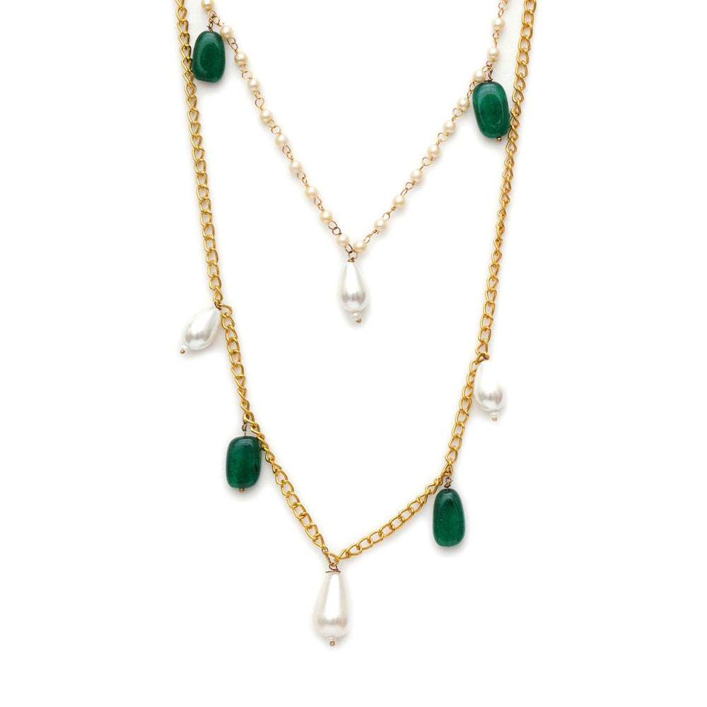 Ruby Raang Studio Layered Pearl and Gold Neckpiece with Emeralds