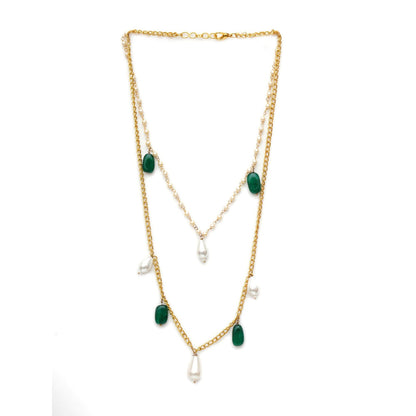 Ruby Raang Studio Layered Pearl and Gold Neckpiece with Emeralds