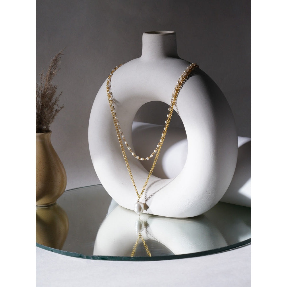 Ruby Raang Studio Layered White Pearl and Gold Neckpiece with Emeralds