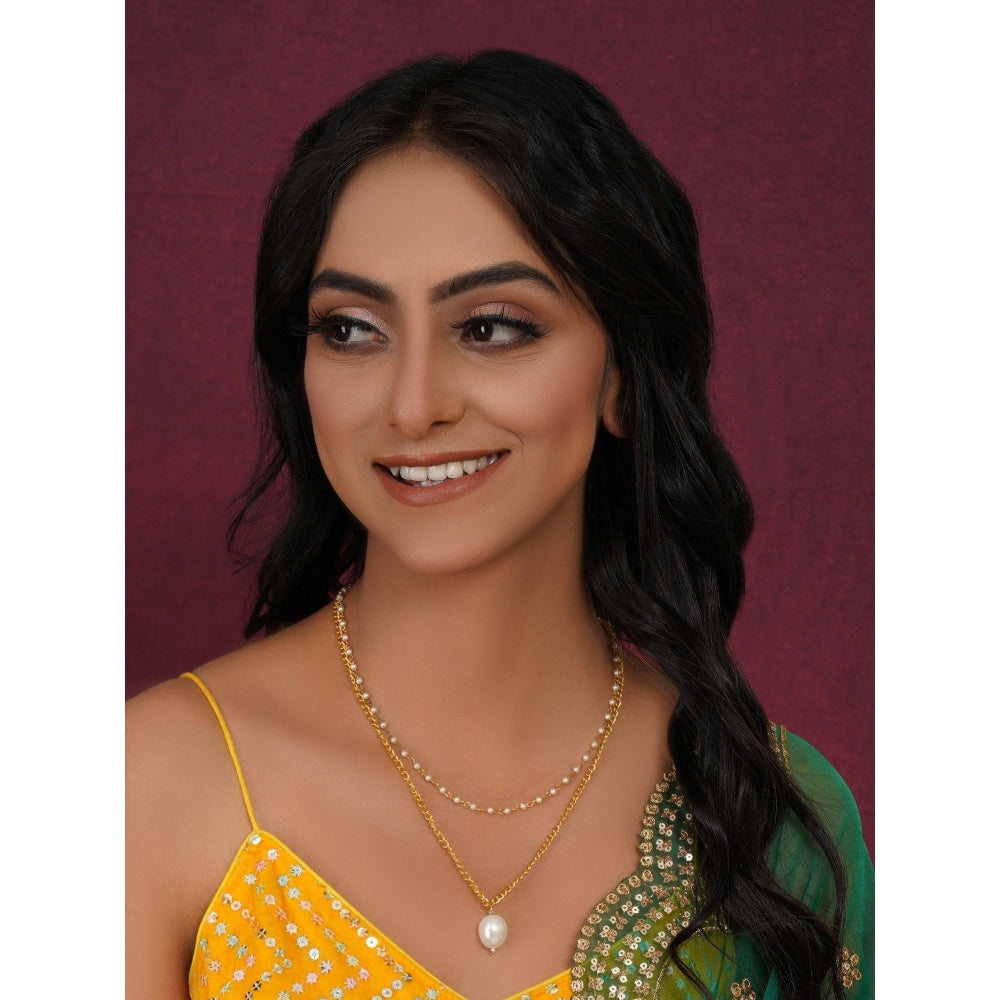 Ruby Raang Studio Layered White Pearl and Gold Neckpiece with Emeralds