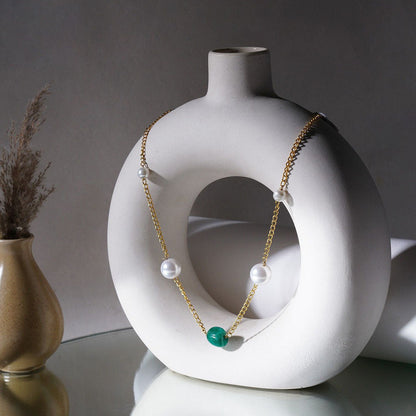 Ruby Raang Studio Layered Pearl and Emerald Neckpiece