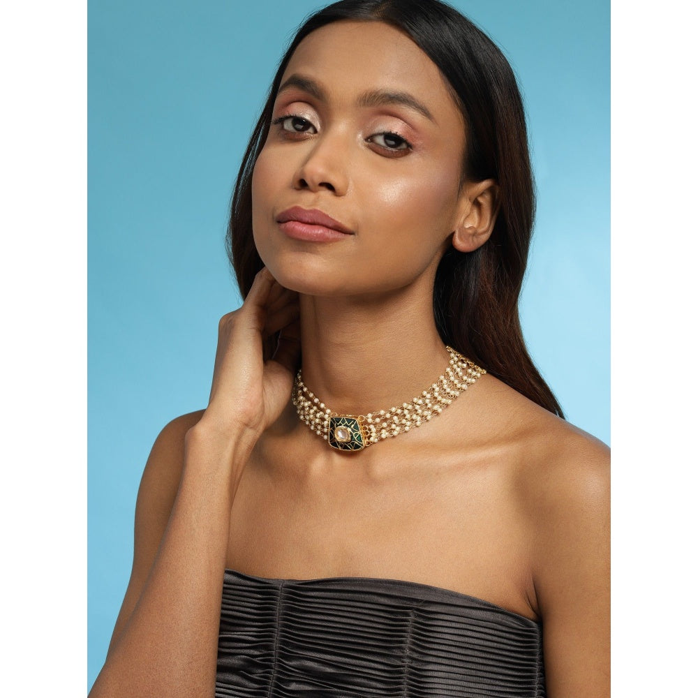 Ruby Raang Studio Gold-Plated White & Green Brass Kundan & Pearls Choker Necklace