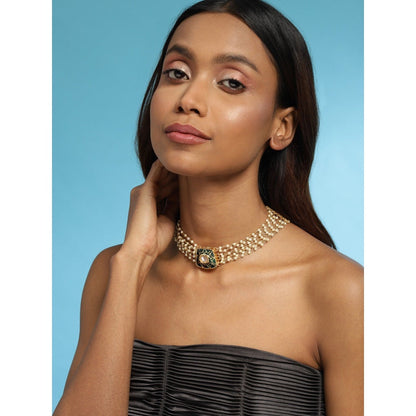 Ruby Raang Studio Gold-Plated White & Green Brass Kundan & Pearls Choker Necklace