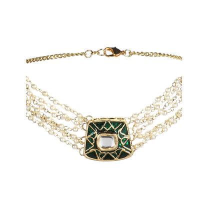 Ruby Raang Studio Gold-Plated White & Green Brass Kundan & Pearls Choker Necklace