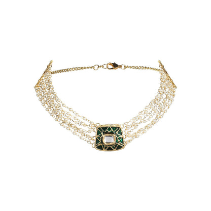 Ruby Raang Studio Gold-Plated White & Green Brass Kundan & Pearls Choker Necklace