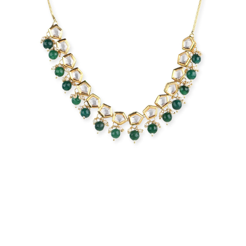 Ruby Raang Studio Gold-Plated White & Green Brass Kundan & Pearls Necklace