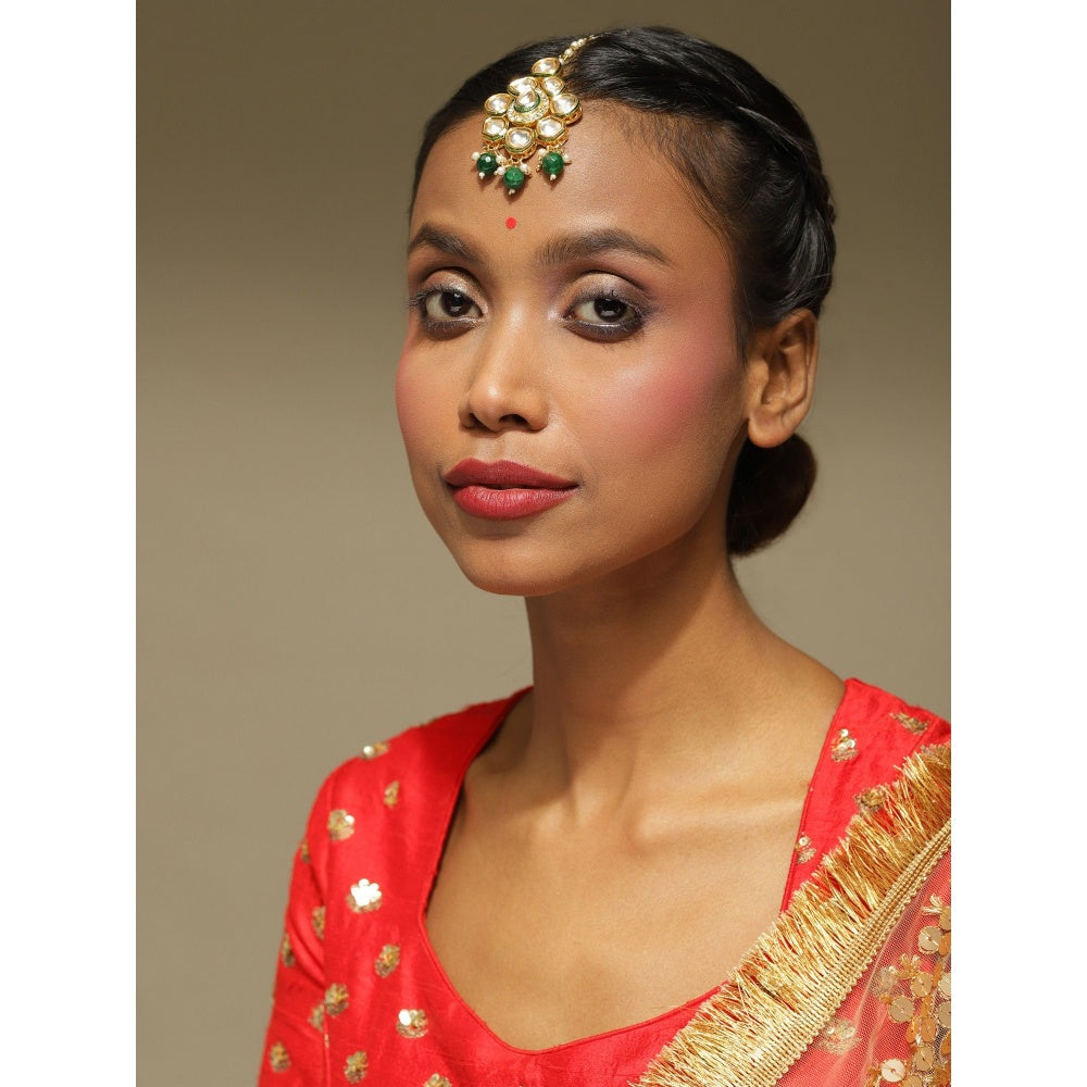 Ruby Raang Studio Gold-Plated Green Kundan-Studded Maang Tikka