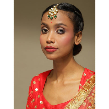 Ruby Raang Studio Gold-Plated Green Kundan-Studded Maang Tikka