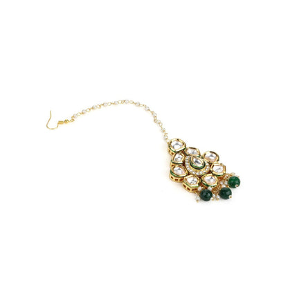 Ruby Raang Studio Gold-Plated Green Kundan-Studded Maang Tikka