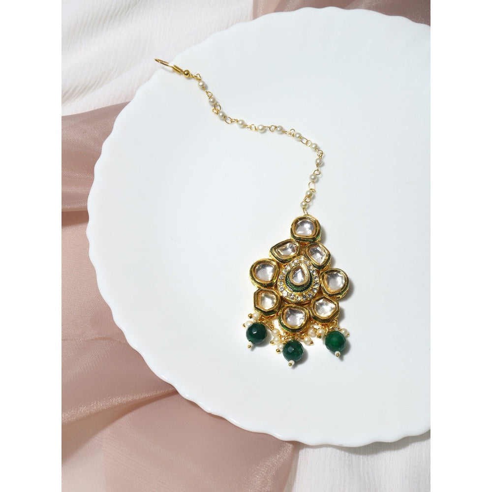 Ruby Raang Studio Gold-Plated Green Kundan-Studded Maang Tikka