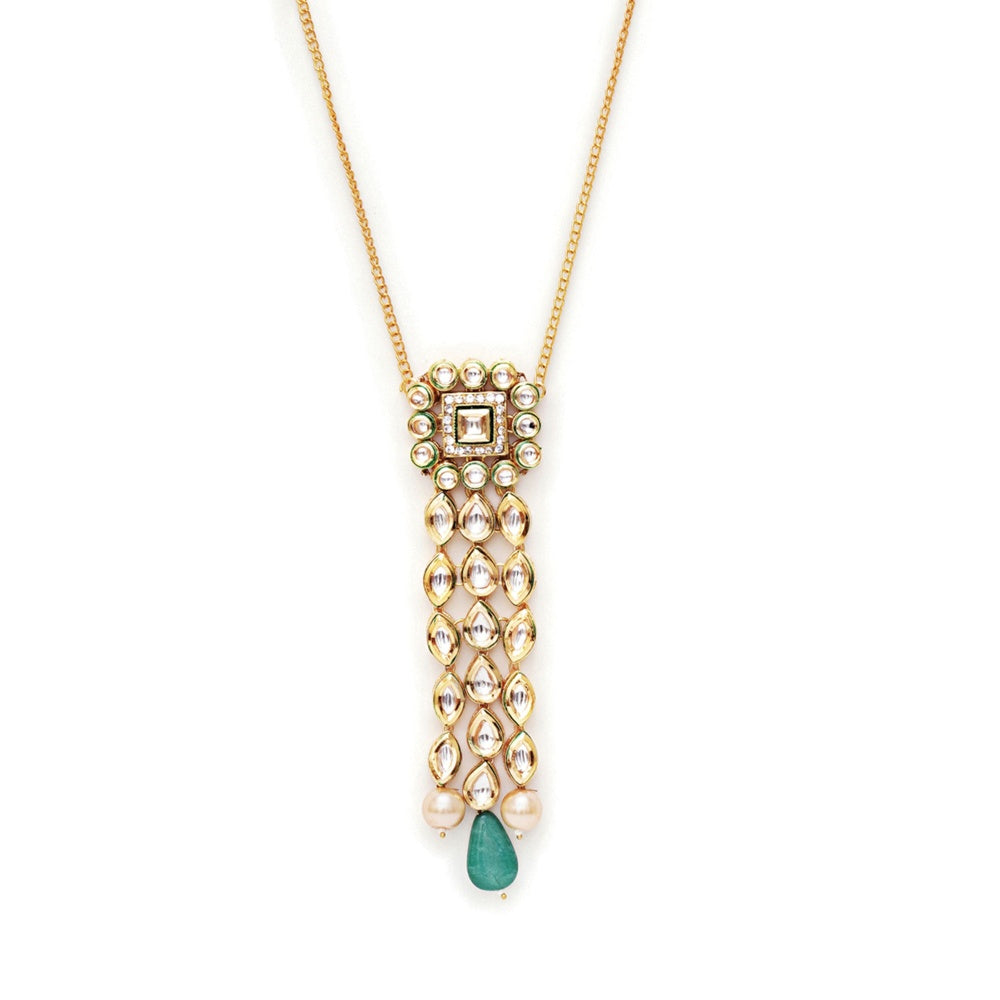 Ruby Raang Studio Long Kundan Pendant with Emerald Drop