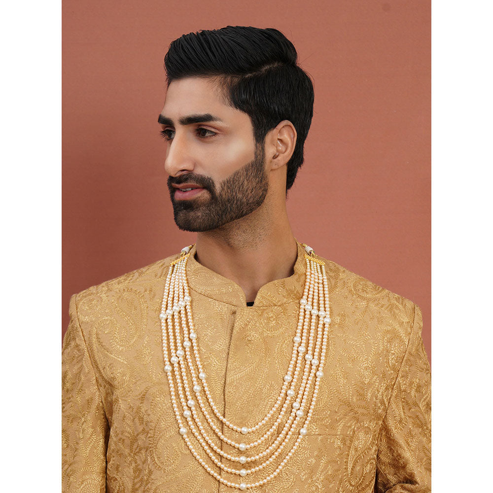 Ruby Raang Studio Dual Tone Pearl White and Off White Beaded Layered Necklace for Men