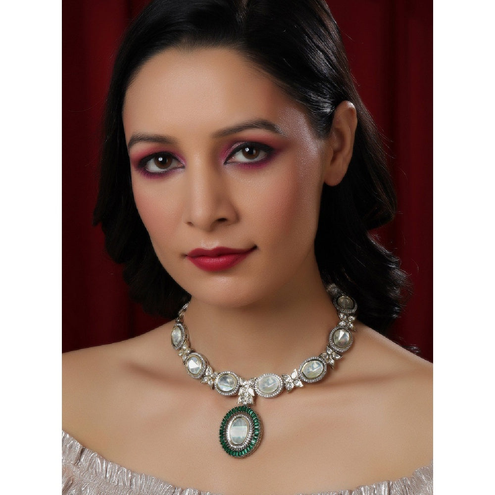Ruby Raang Studio Gold And Silver Tone Necklace With Green Center Piece