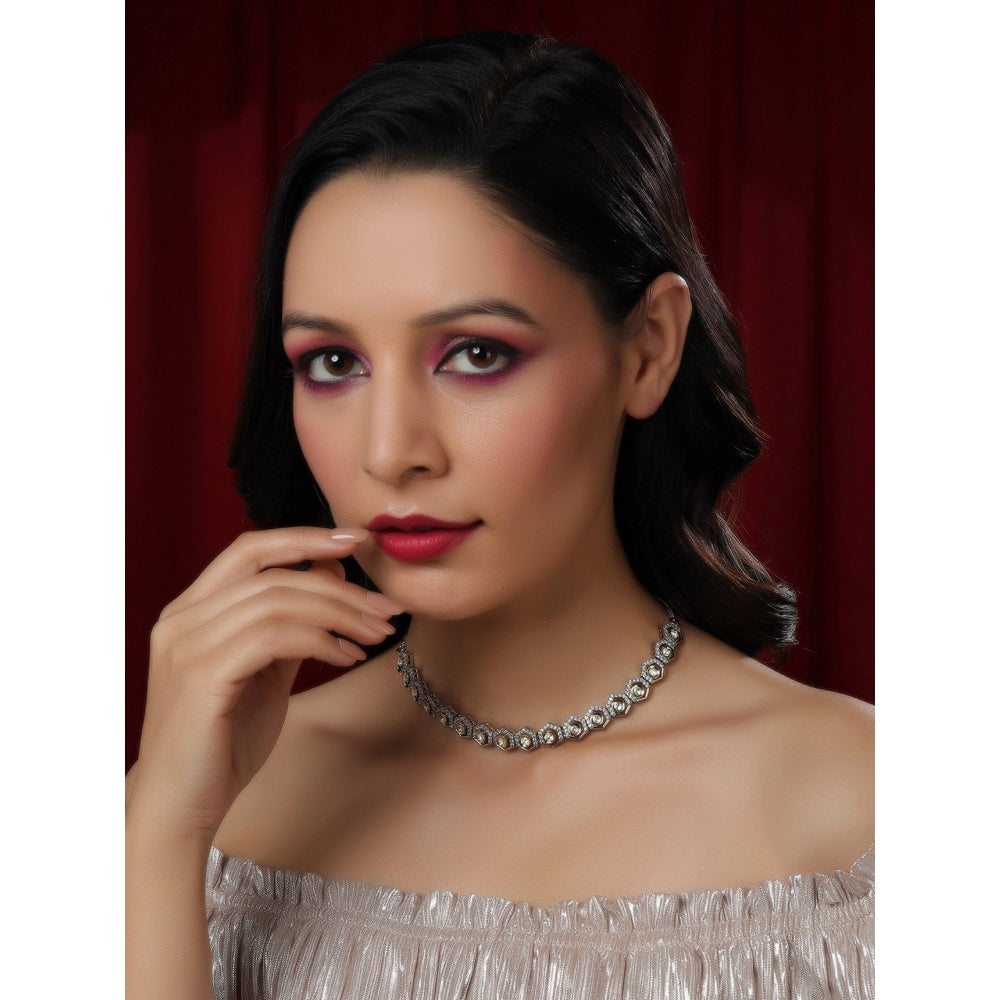 Ruby Raang Studio Dual Tone Gold And Silver Choker With American Diamonds And Kundan