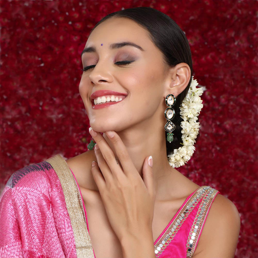 Ruby Raang Studio Long Meenakari Kundan Earrings with Emeralds
