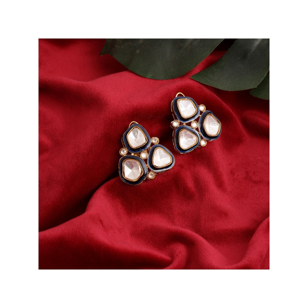 Ruby Raang Studio Three Stone Blue Meenakari Kundan Earrings