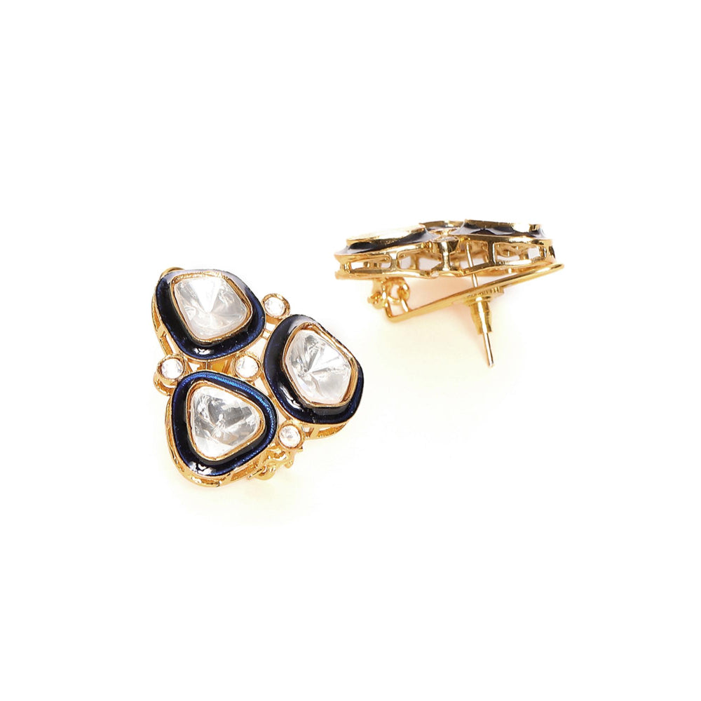 Ruby Raang Studio Three Stone Blue Meenakari Kundan Earrings