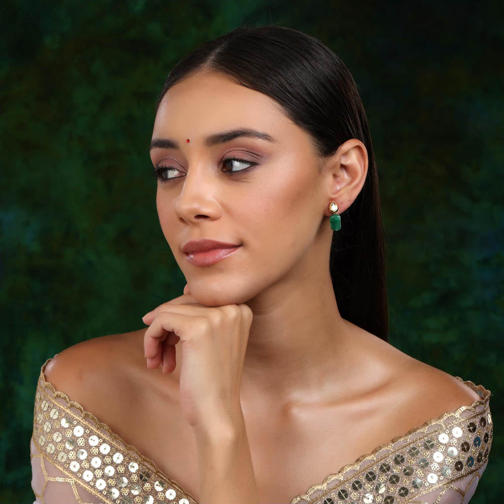 Ruby Raang Studio Kundan Drop Earrings with Green Stone
