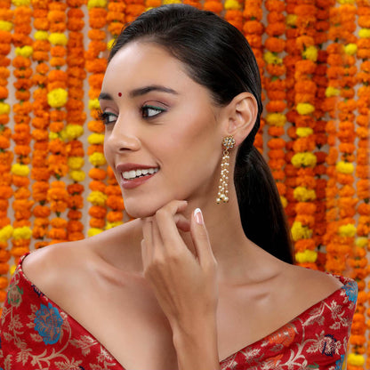 Ruby Raang Studio Long Dangler Kundan and Pearl Earrings