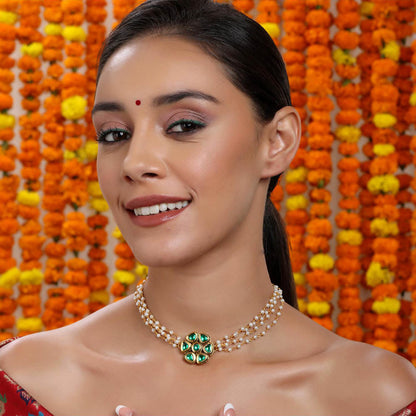 Ruby Raang Studio Meenakari Kundan Choker Necklace In Pearl Strings
