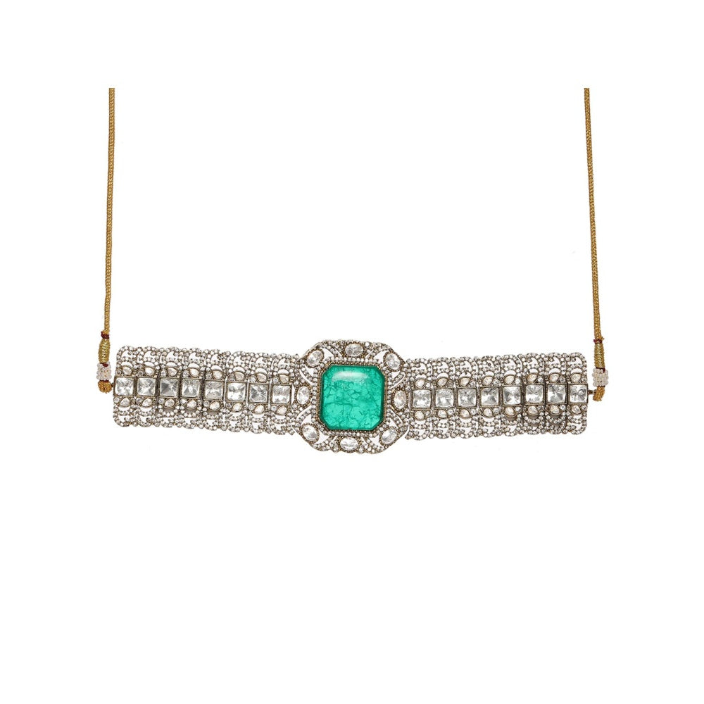 Ruby Raang Studio Emerald Stone with Diamonds and Moissanite Choker and Studs