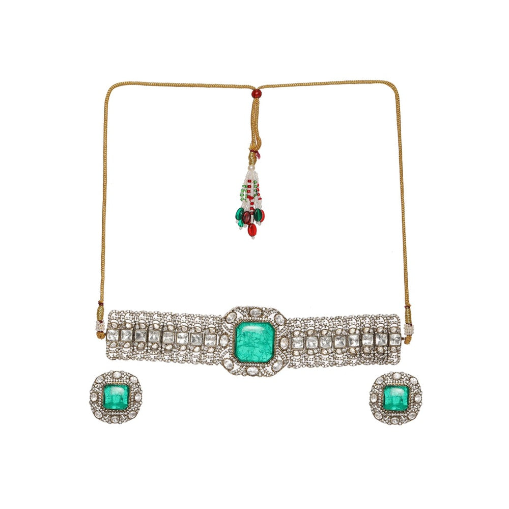 Ruby Raang Studio Emerald Stone with Diamonds and Moissanite Choker and Studs