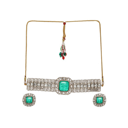 Ruby Raang Studio Emerald Stone with Diamonds and Moissanite Choker and Studs