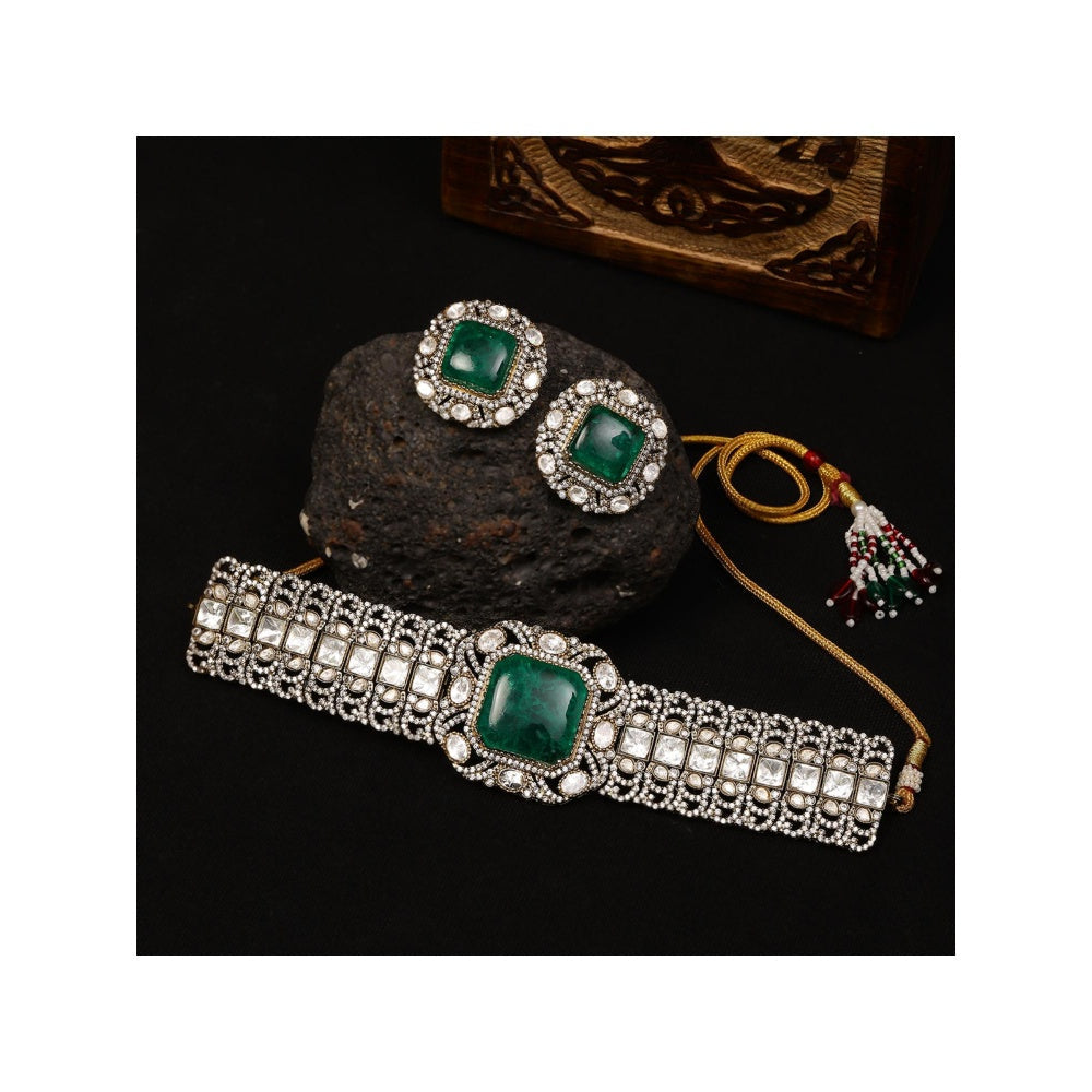 Ruby Raang Studio Emerald Stone with Diamonds and Moissanite Choker and Studs