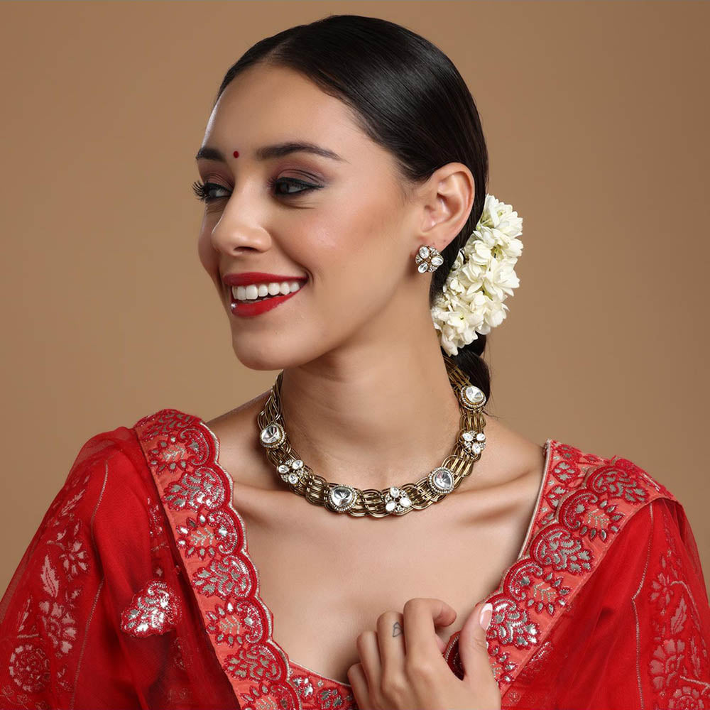 Ruby Raang Studio Golden Kundan and Moissanite Hasli Choker with Studs