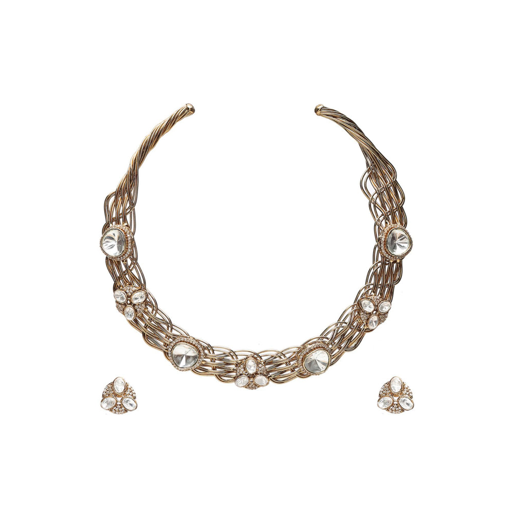 Ruby Raang Studio Golden Kundan and Moissanite Hasli Choker with Studs