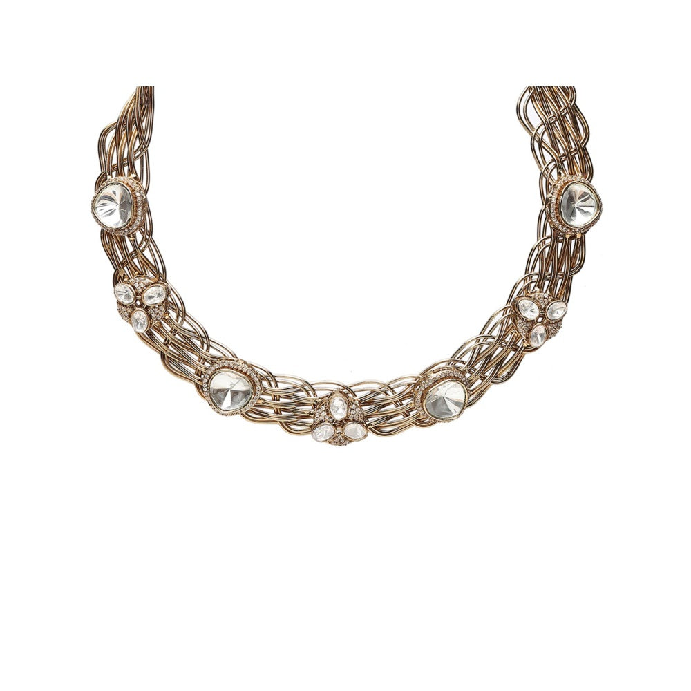 Ruby Raang Studio Golden Kundan and Moissanite Hasli Choker with Studs