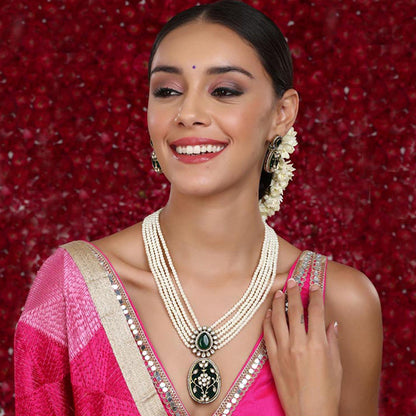 Ruby Raang Studio Long Pearl Layered Necklace with Pendant and Matching Earrings