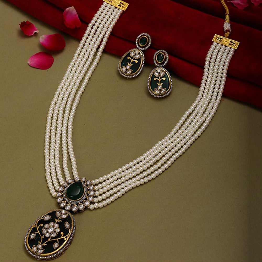 Ruby Raang Studio Long Pearl Layered Necklace with Pendant and Matching Earrings