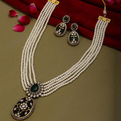 Ruby Raang Studio Long Pearl Layered Necklace with Pendant and Matching Earrings
