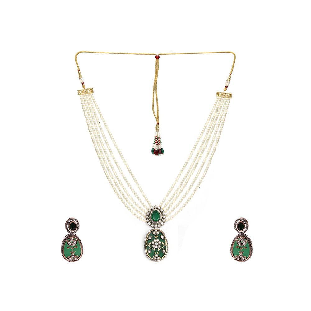 Ruby Raang Studio Long Pearl Layered Necklace with Pendant and Matching Earrings
