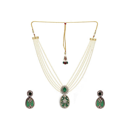 Ruby Raang Studio Long Pearl Layered Necklace with Pendant and Matching Earrings