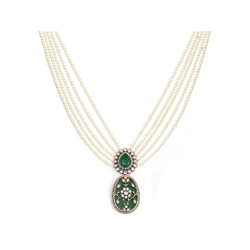 Ruby Raang Studio Long Pearl Layered Necklace with Pendant and Matching Earrings