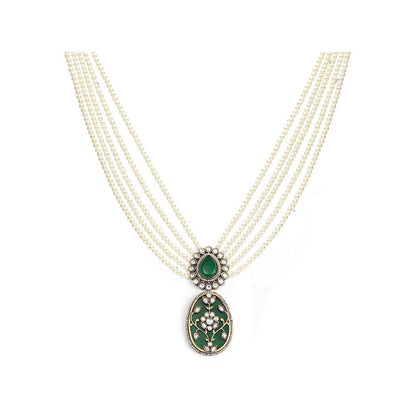 Ruby Raang Studio Long Pearl Layered Necklace with Pendant and Matching Earrings