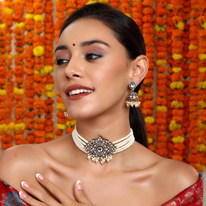 Ruby Raang Studio Kundan and Moissanite Choker In Pearls Necklace with Matching Jhumki Earrings