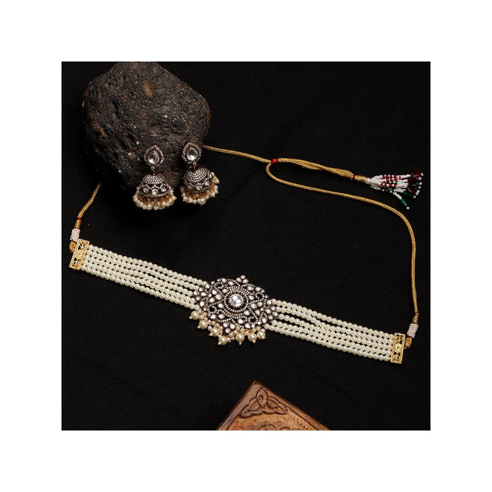 Ruby Raang Studio Kundan and Moissanite Choker In Pearls Necklace with Matching Jhumki Earrings