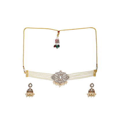 Ruby Raang Studio Kundan and Moissanite Choker In Pearls Necklace with Matching Jhumki Earrings